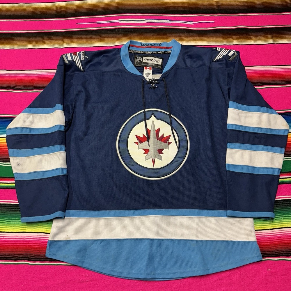 Winnipeg Jets Jersey Fight Strap Home Blank Blue Lace Up‎ Reebok CCM NHL Mens 50